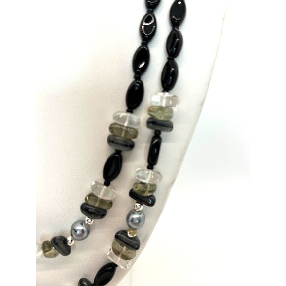 Vintage Czech Glass Beaded Necklace Black Smokey Gray & Clear With Tag - Picture 2 of 11